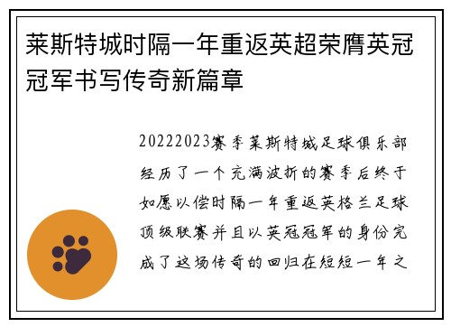 莱斯特城时隔一年重返英超荣膺英冠冠军书写传奇新篇章