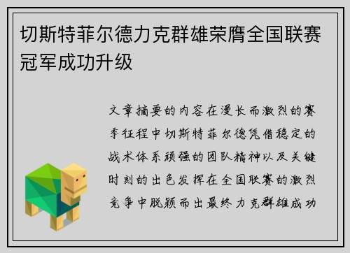 切斯特菲尔德力克群雄荣膺全国联赛冠军成功升级