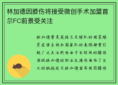 林加德因膝伤将接受微创手术加盟首尔FC前景受关注 林加德因膝伤将接受微创手术加盟首尔FC前景受关注